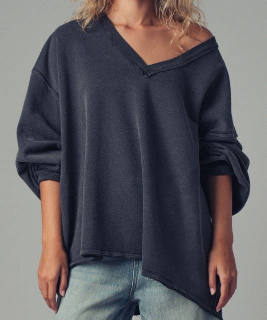 Raw Edge V-Neck Oversized Sweatshirt