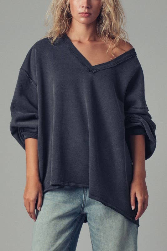 Raw Edge V-Neck Oversized Sweatshirt