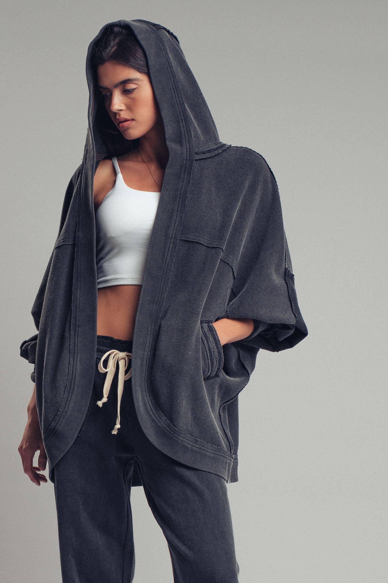 Washed Waffle Knit Hooded Cardigan