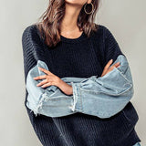 Denim Sleeve Knit Sweater