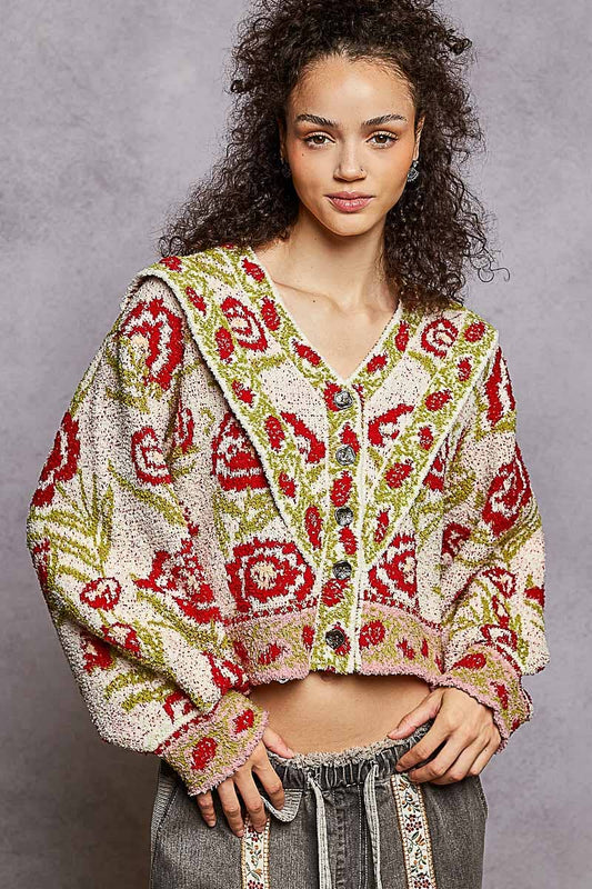 V-neck ruffles point floral Beber sweater cardigan top