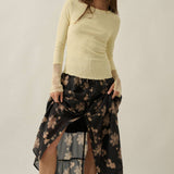 Solid Ribbed Knit Long-Sleeve Lace-Cuff Fitted Top