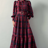Plaid Belted Layered Button Down Balloon Sleeve Maxi Dress