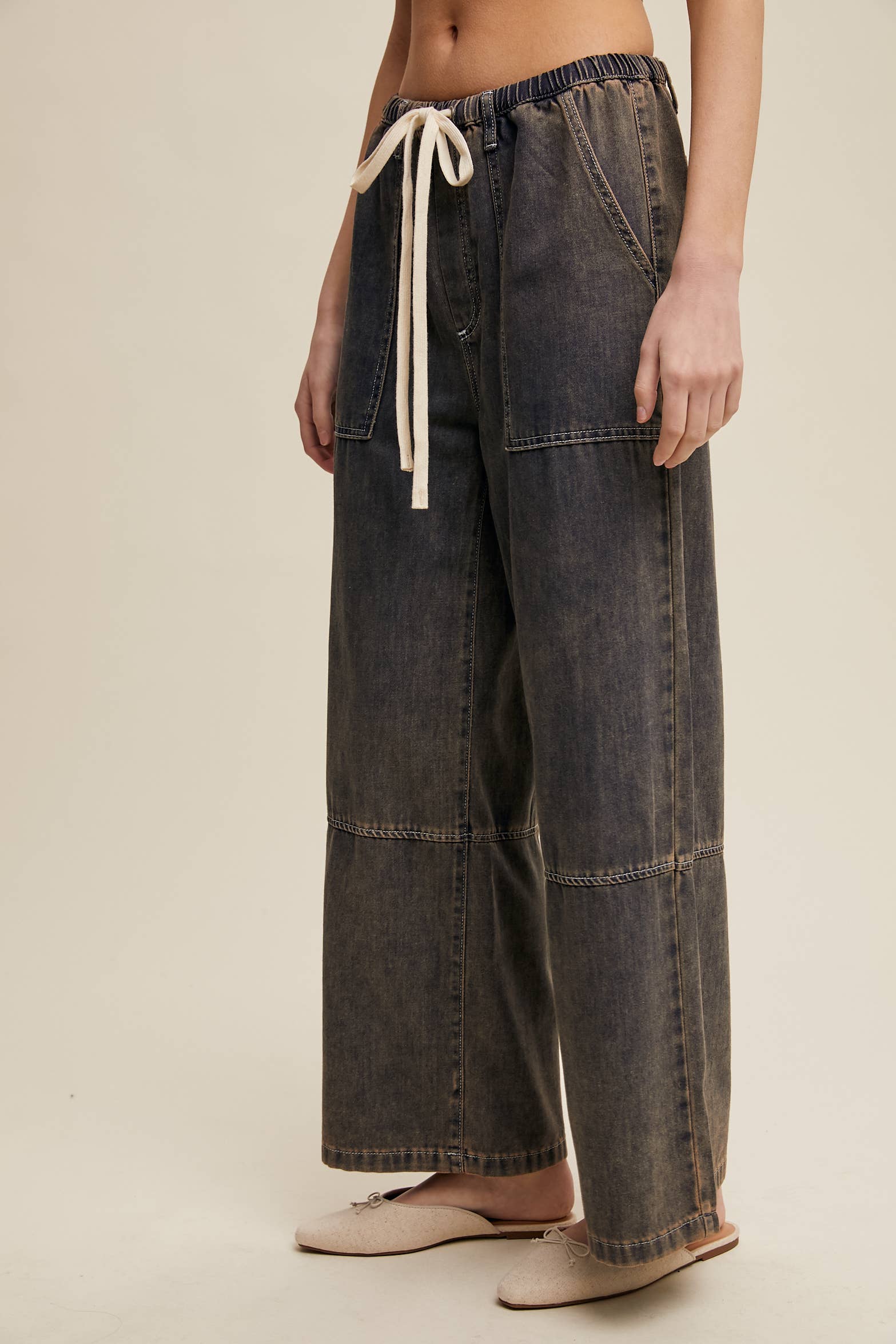 Wide-Leg Denim Drawstring Pants