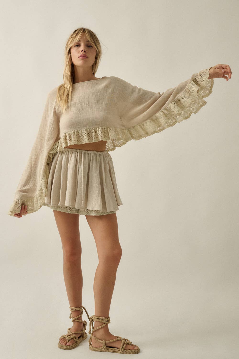 Cotton Gauze and Crochet Lace Gathered Drawstring Skort