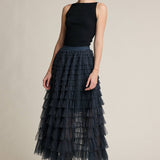 Plaid Mesh Ruffle Maxi Skirt - RS1106