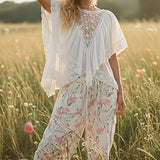 Lace Trim V Ruffle Detail Textured Woven Short Sleeve Top