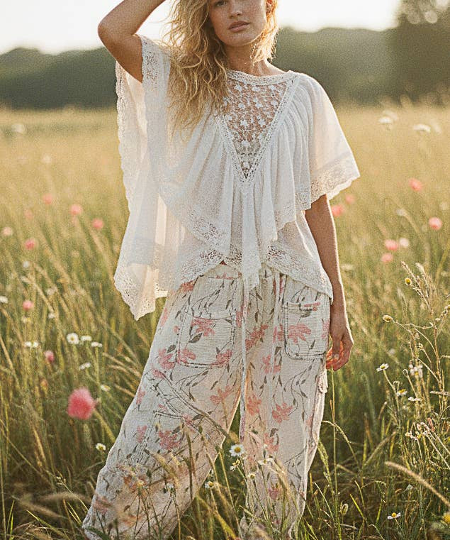 Lace Trim V Ruffle Detail Textured Woven Short Sleeve Top