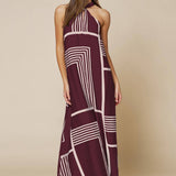 Geo Print Front Tie Keyhole Halter Maxi Dress