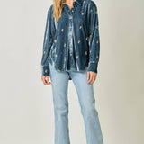 Embroidery Velvet Collared Shirt