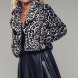 Cropped Faux Fur Leopard Print Bomber Jacket