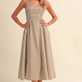 ID10390 STRIPED JUMBO BACK BUCKLE PIPING DETAIL MIDI DRESS