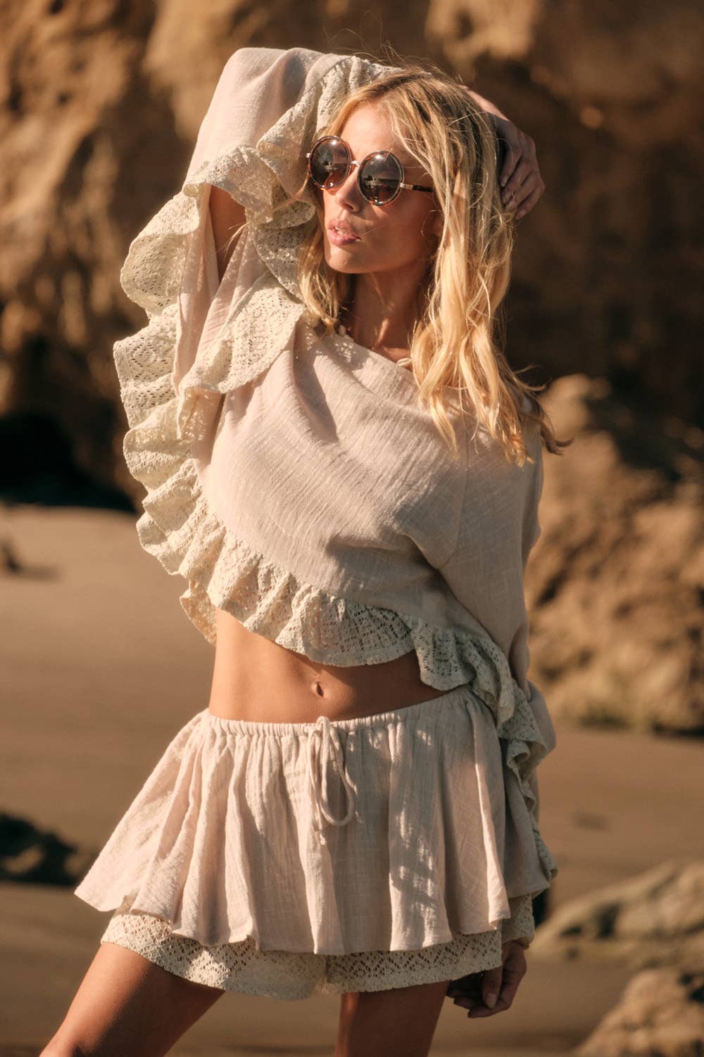Cotton Gauze and Crochet Lace Ruffle Bell-Sleeve Cropped Top
