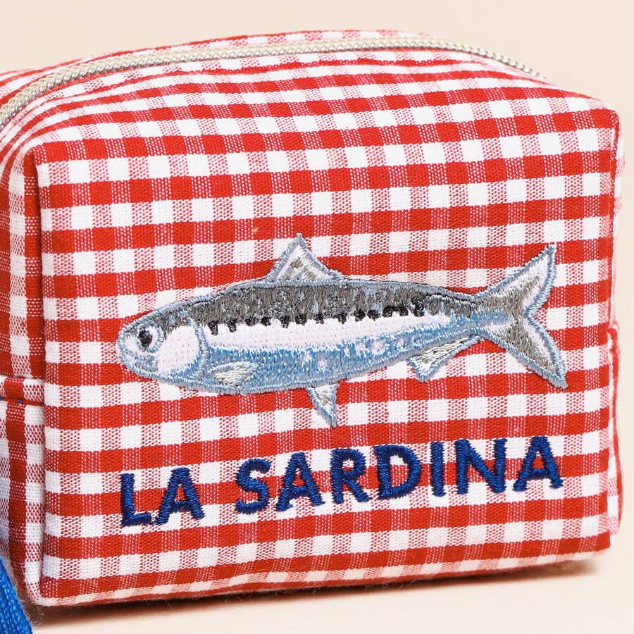 Red and White Gingham Fish Embroidery Pouch