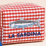 Red and White Gingham Fish Embroidery Pouch