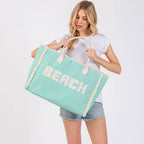 "Beach" Embroidered Fringe Tote Bag