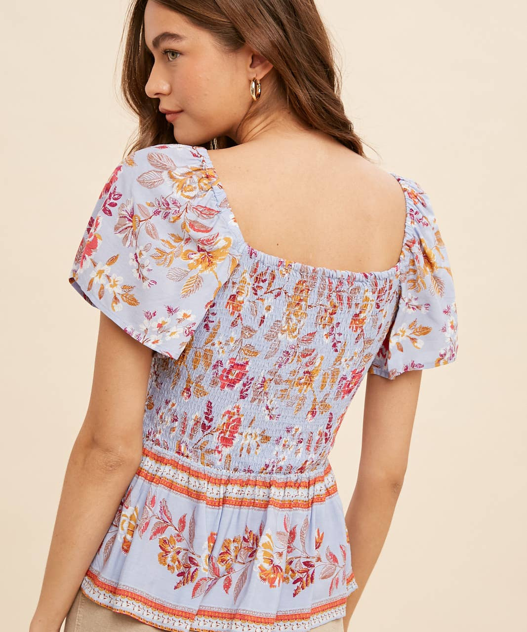 Border Print Smocked Peasant Top