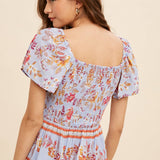 Border Print Smocked Peasant Top