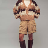 Chevron Chunky Knit Cardigan – Balloon Sleeves, Cropped Fit