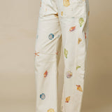 Seashell Beach Motif Print Barrel Denim Pants