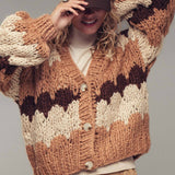 Chevron Chunky Knit Cardigan – Balloon Sleeves, Cropped Fit