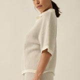 Striped Rib-Knit Collared Split-Neck Top