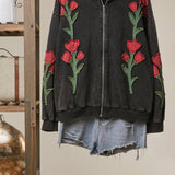 Floral Embroidered Zip-Up Hoodie