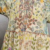 Long Sleeve Shirred Neckline Maxi Length Woven Printed Dress