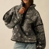 Floral Sherpa Fleece Half-Zip Pullover Jacket