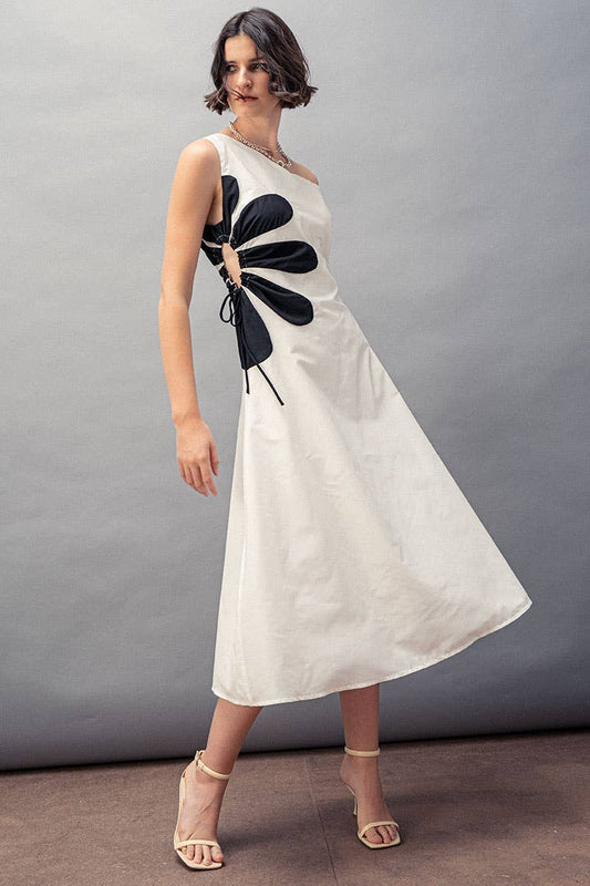 Elegant Floral One Shoulder Lace Up Side Midi Dress