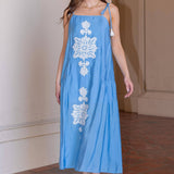 Floral Embroidered Sleeveless Tassel Tie Strap Midi Dress