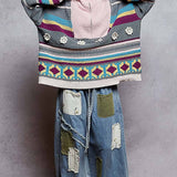 High Collar Half Zipper Ethnic Color Block Pullover Sweater