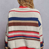 High Collar Half Zipper Ethnic Color Block Pullover Sweater