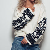 Embroidered Sleeve Ivory Knit Sweater
