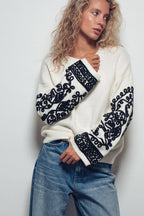 Embroidered Sleeve Ivory Knit Sweater