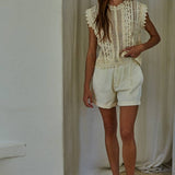 Woven Cotton Lace Buttondown Sleeveless Top