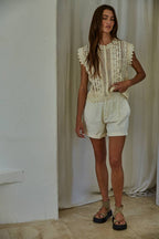 Woven Cotton Lace Buttondown Sleeveless Top
