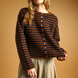 J7562   STRIPED BUTTON FRONT SWEATER CARDIGAN