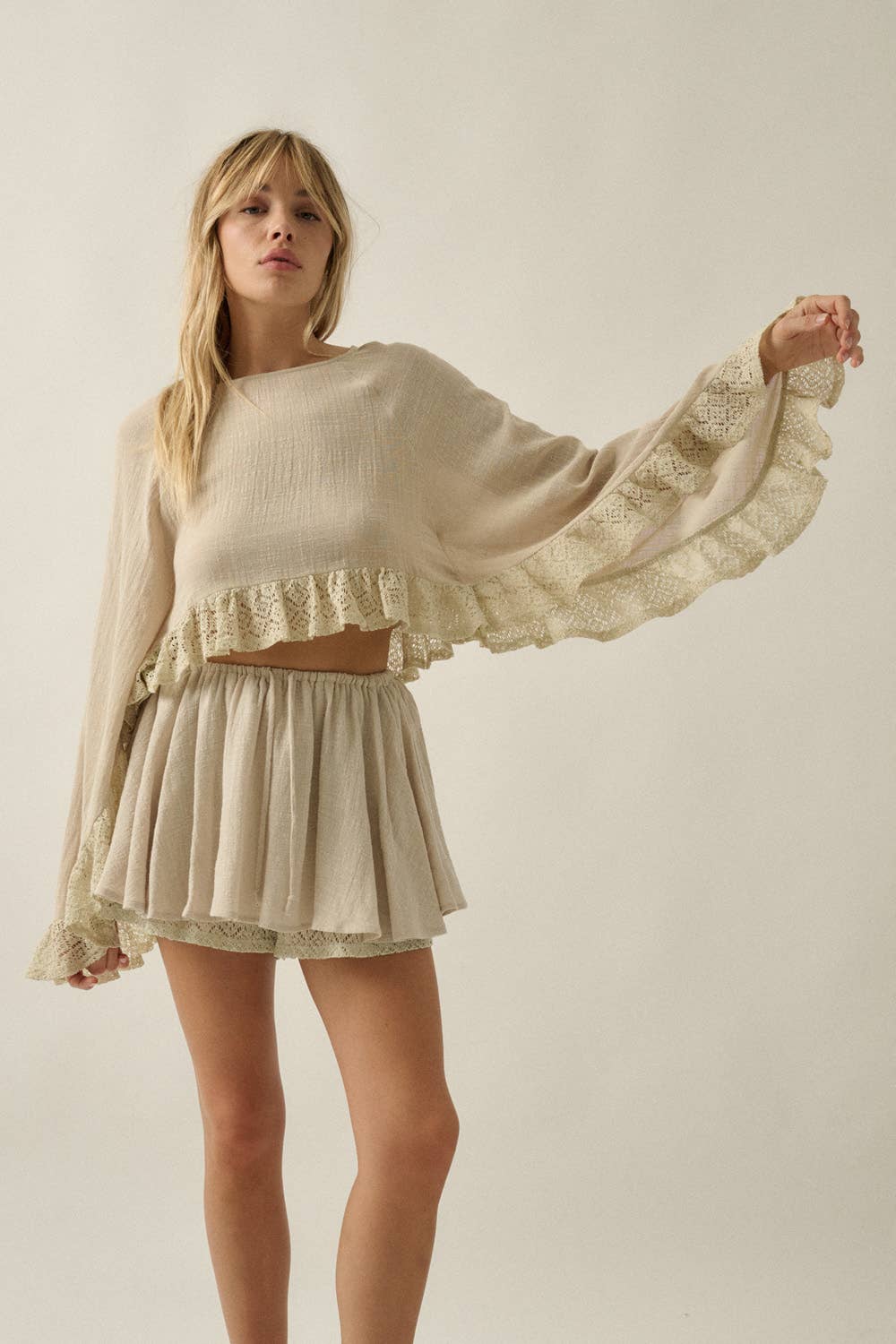 Cotton Gauze and Crochet Lace Ruffle Bell-Sleeve Cropped Top