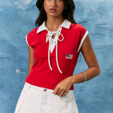 USA FLAG EMBO COLLARED EYELET DETAIL KNIT CROP TOP