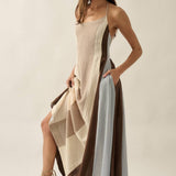 Colorblock Cotton Gauze Open-Back Halter Pocket Maxi Dress