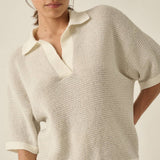 Striped Rib-Knit Collared Split-Neck Top