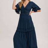 V-Neck Lace Trim Maxi Dress