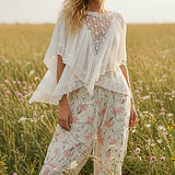 Lace Trim V Ruffle Detail Textured Woven Short Sleeve Top