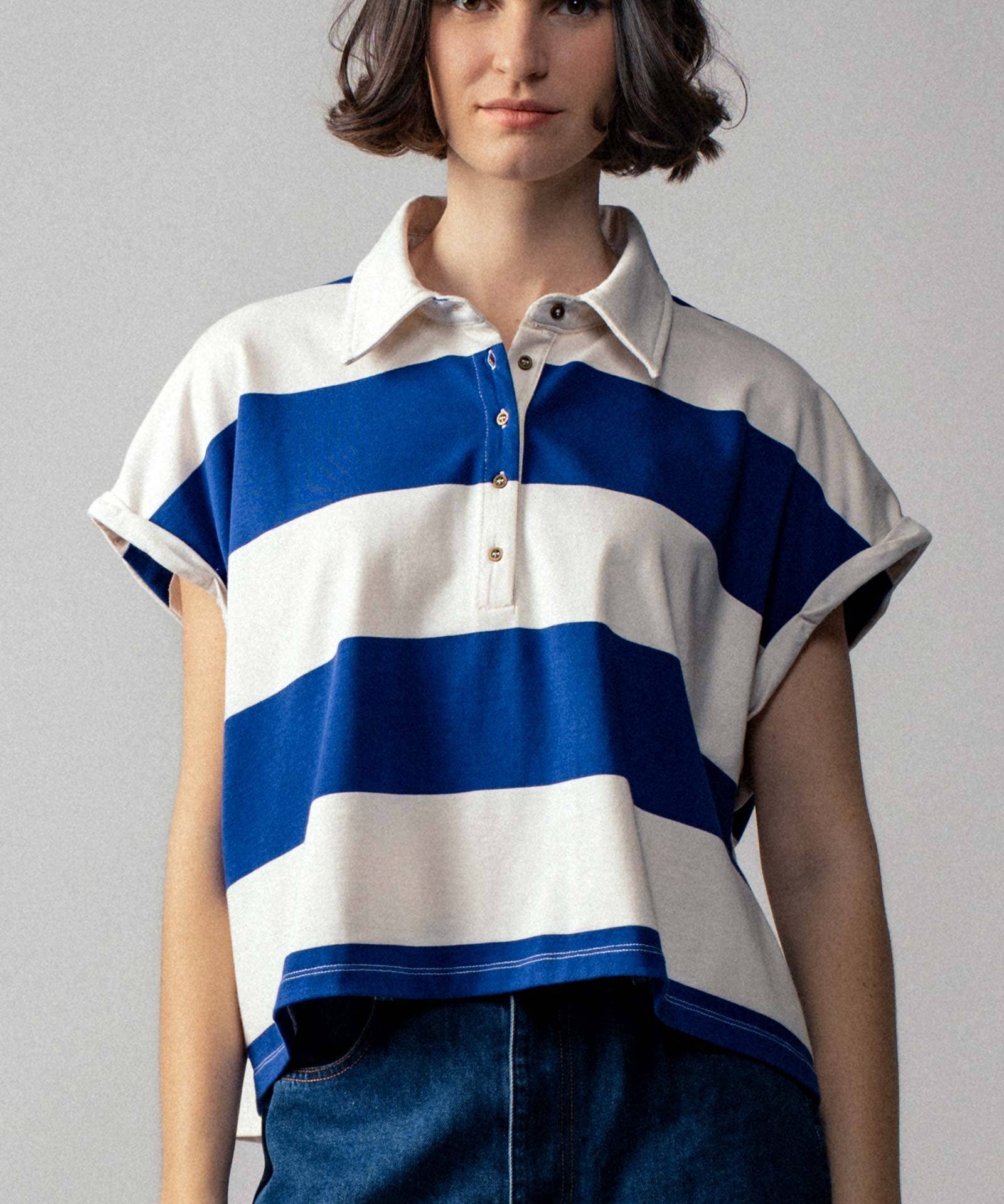 Bold Striped Dolman Sleeve Polo Shirt
