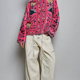Embroidered Stand Collar & Contrast Trim Velvet Jacket