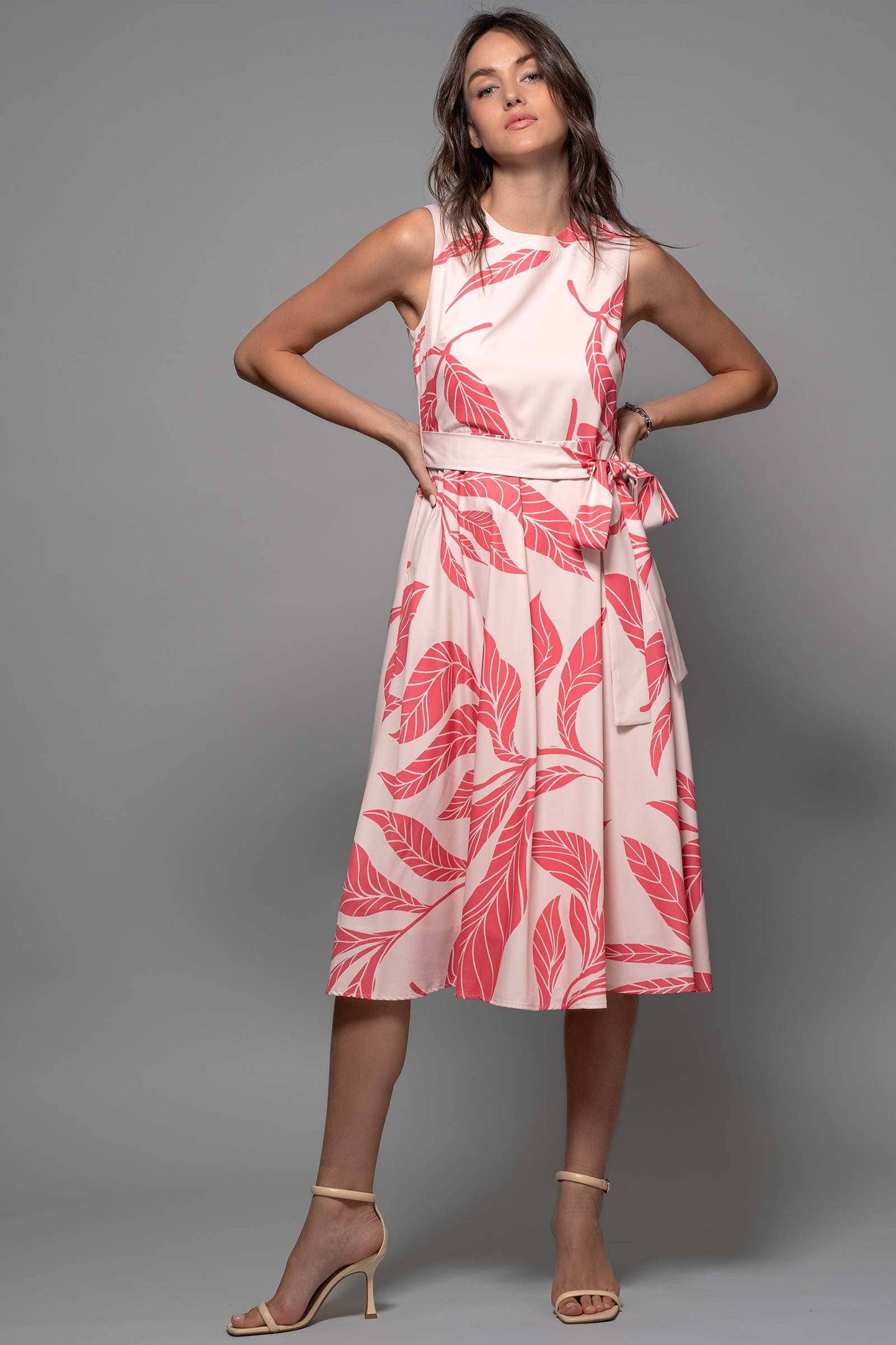 Tropical Leaf Print Belted A-Line Midi Dress