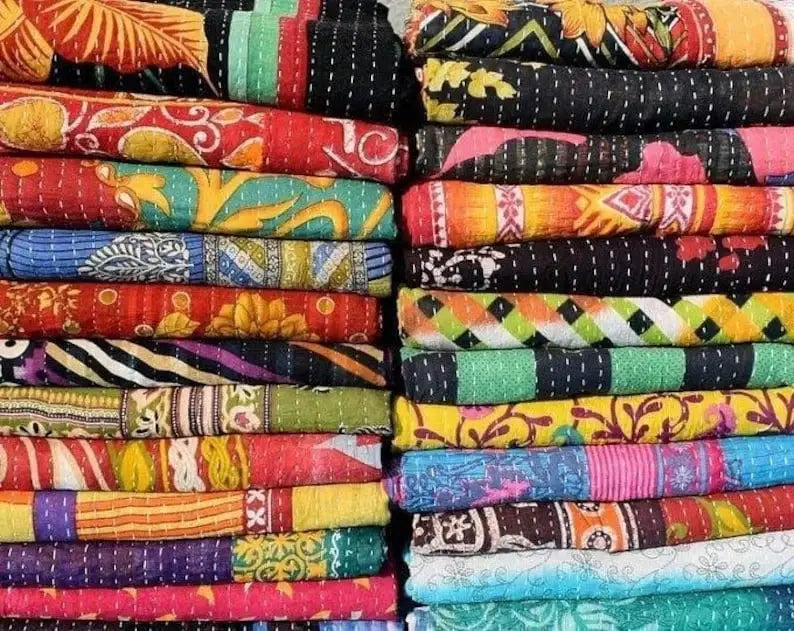 Handmade Indian Kantha Reversible Quilt Blanket