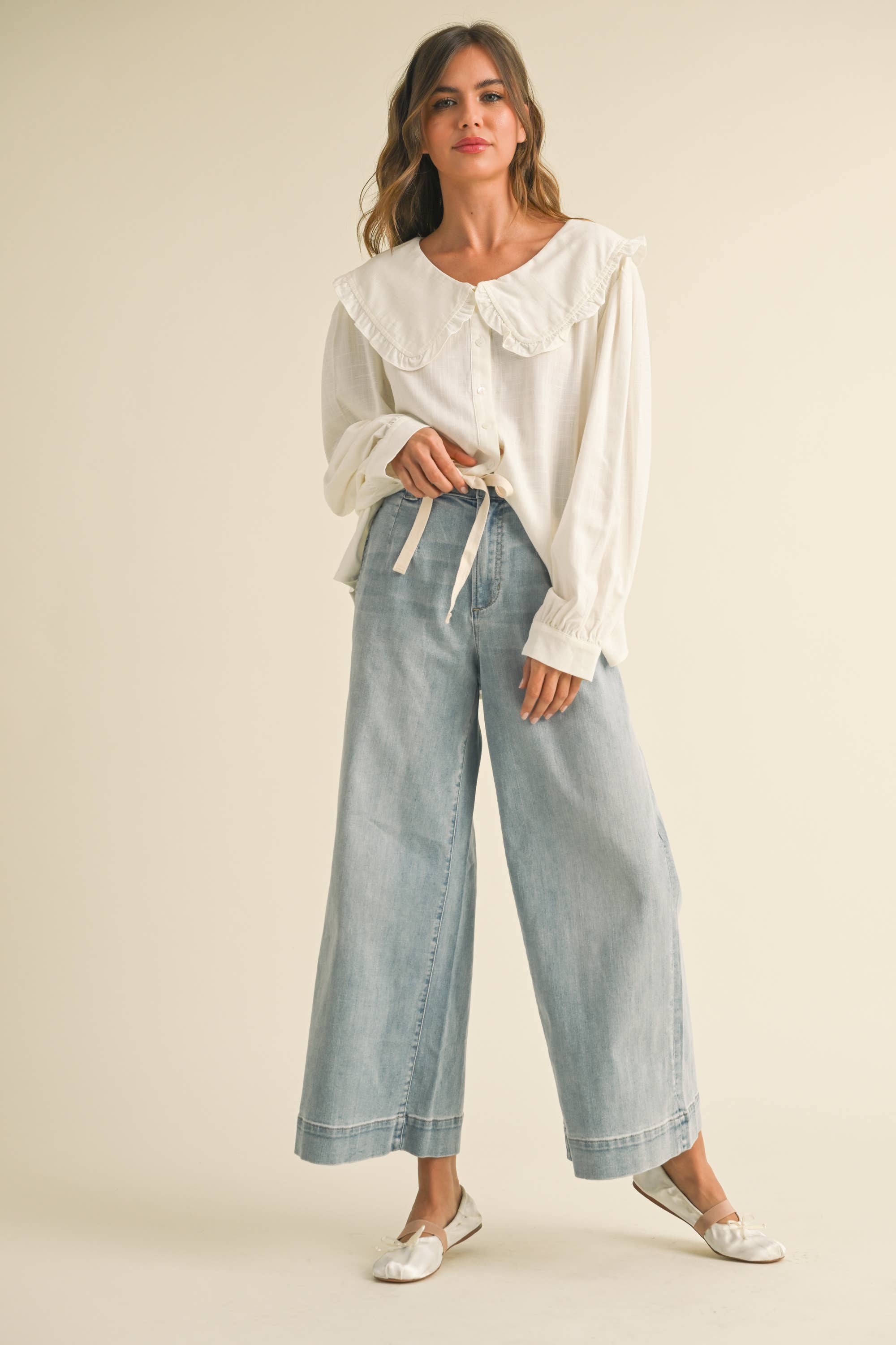 Washed Denim Pants with Tie Front
