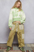 Mock Neck Lime & Cream Cropped Sweater